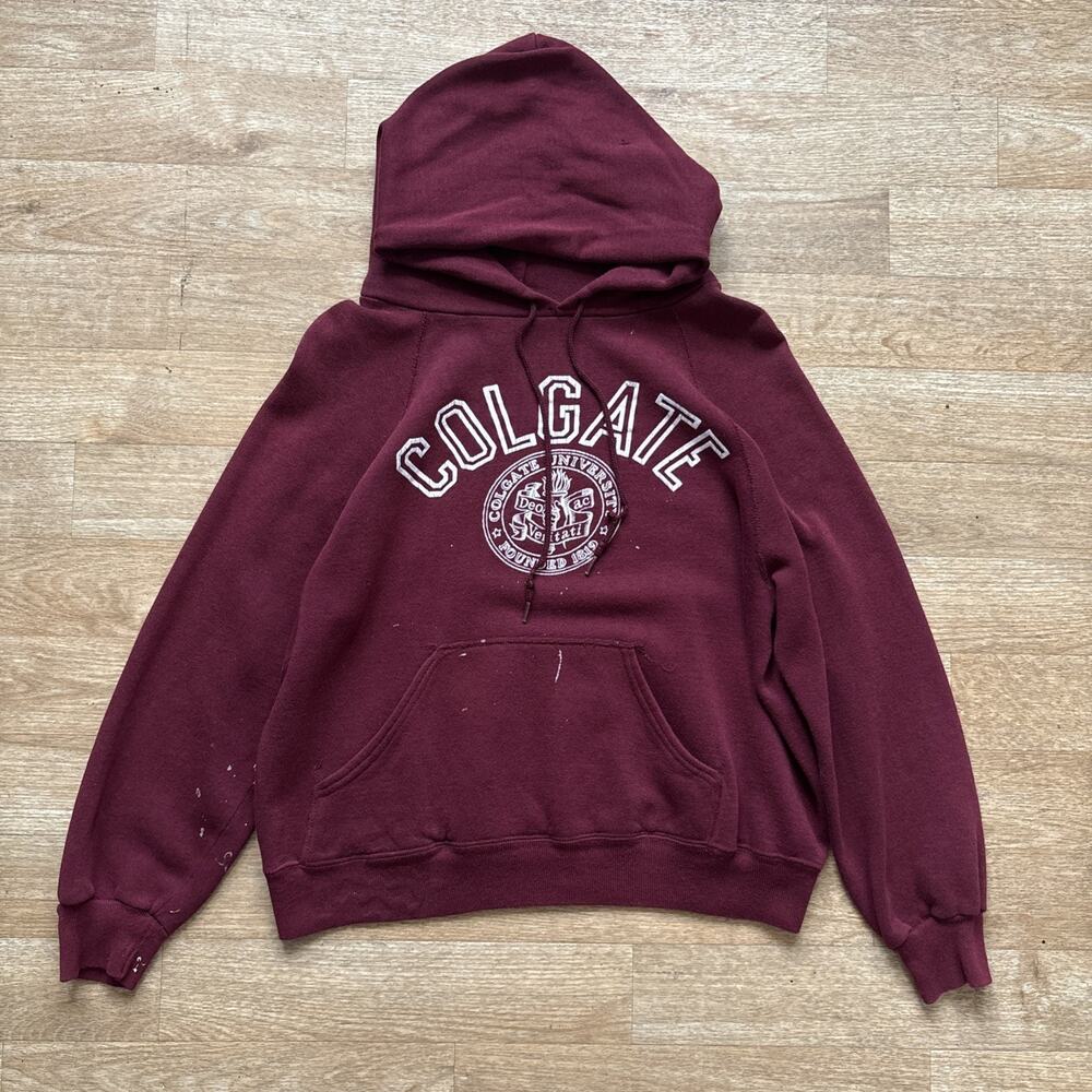 Vintage 70s Colgate Collegiate Pacific Flock Print Hoodie Sweatshirt Large L